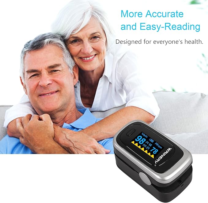 WRINERY Oxygen Saturation Monitor, Pulse Oximeter Fingertip, Oxygen Monitor, O2 Saturation Monitor, OLED Portable Oximetry with Batteries, Lanyard (Royal Black-Silver)