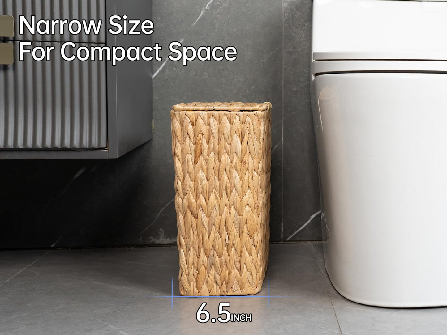 3 Gallon Wicker Trash Can,Small Bathroom Trash Can with Lid,Natural Water Hyacinth Wicker Waste Basket for Bedroom,Toilet,Narrow Garbage Can with Removable Liner