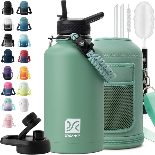 Insulated Water Bottle | Thickened Stainless Steel Vacuum Metal | Portable Sports Half Gallon Large Water Jug for Gym and Hiking with Straw, Carrier Bag, Handle Strap | BPA-Free 64 oz