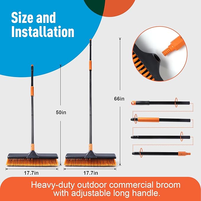 18" Push Broom Outdoor for Floor Cleaning with Extendable Long Handle, Stiff Bristle Heavy Duty Broom for Bathroom, Kitchen, Tub, Tile, Patio, Deck, Concrete, Industrial