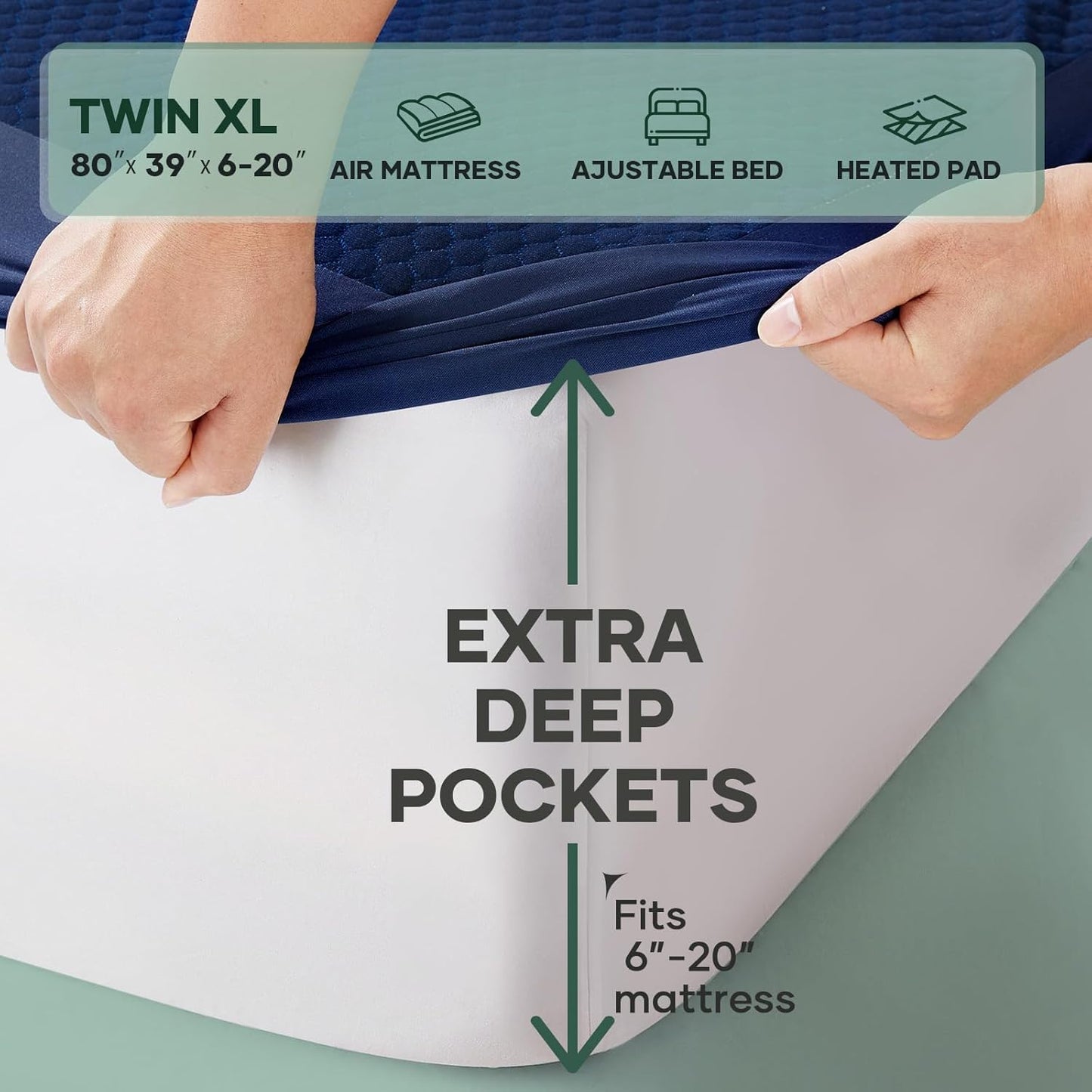 OhGeni 100% Waterproof Mattress Protector, Twin XL Size Mattress Pad, Fits 6"-20" Mattresses with Deep Pocket, Cooling, Breathable Fitted Sheets, Soft Bed Cover, Noiseless, Machine Washable(Navy Blue)