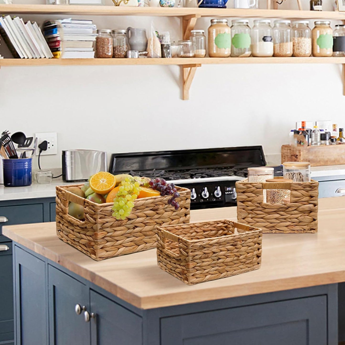 3 Pack Natural Water Hyacinth storage basket with Handle, Rectangular Wicker Basket for Organizing, Decorative Wicker Storage Basket for Living Room, 3 Mixed Sizes