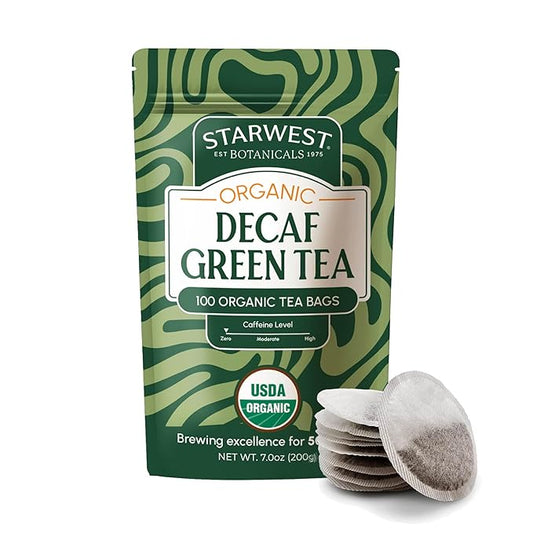 Starwest Botanicals Organic Decaf Green Tea - Decaffeinated Herbal Tea, Caffeine Free Tea with Antioxidant Properties, USDA Organic Green Tea Leaf, Non GMO - Bulk Pack, 100 Tea Bags