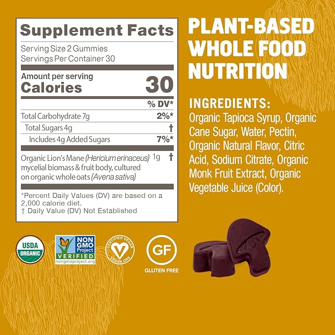 OM Mushroom Superfood Lion's Mane Gummies, 60 Count, 30 Servings, USA Grown Organic Mushrooms, Organic Nootropic Gummies for Memory, Focus and Mood