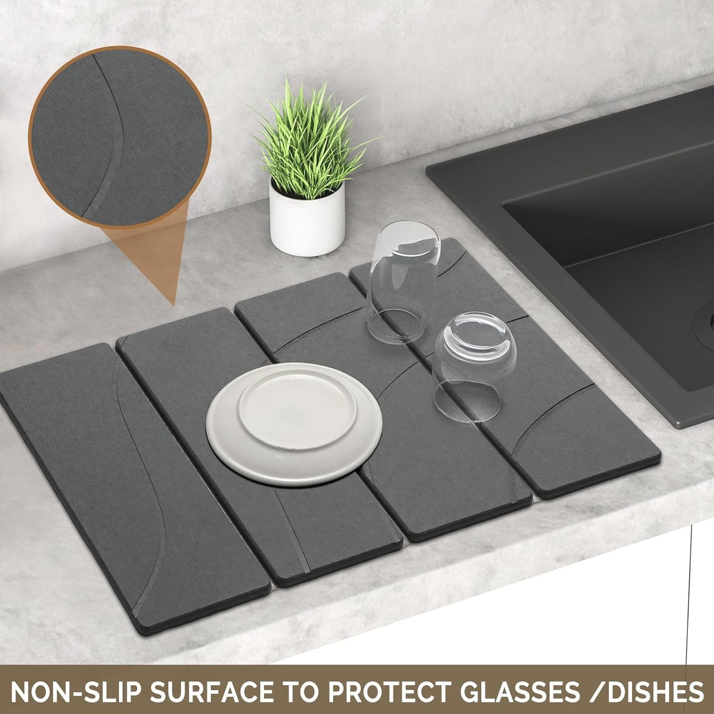 2 PCS Large Stone Dish Drying Mat for Kitchen Counter Quick Dry Stone Dishes Mats Marbled Water Absorbing Diatomaceous Earth Drying Pad for Countertop Bottles Utensils Cups (Carved Gray 24"x16"&8"x4")