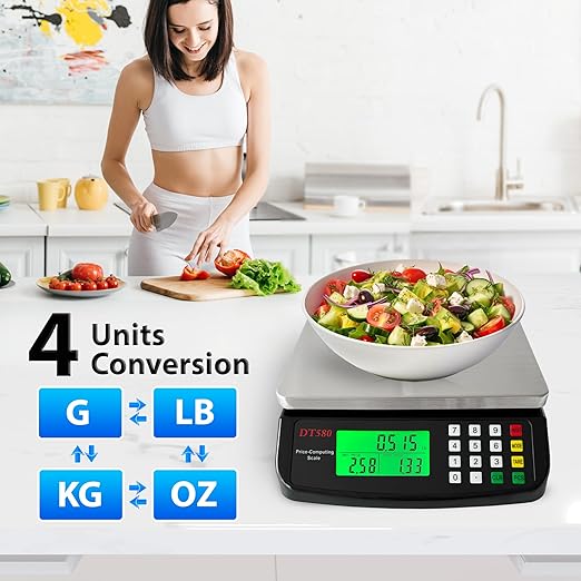 Large Digital Kitchen Scale 40kg/88lb Stainless Steel Price Computing Scale Counting Scale Deli Scale with LCD Display for Baking Bread Cooking Meat Prep Parts and Coins Adapter Included (Black)