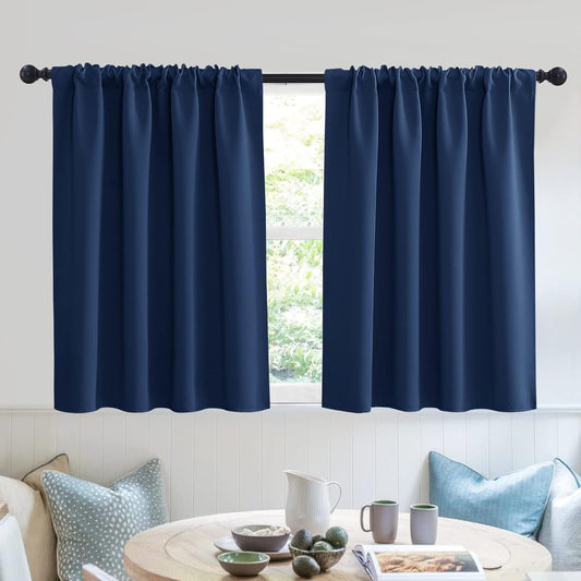 RYB HOME Bathroom Curtains Privacy - Blackout Curtains Small Window Short Drapes for Kitchen Bedroom Living Room Kids Nursery Room RV, W 52 x L 36 inch per Panel, Navy, 2 Pcs