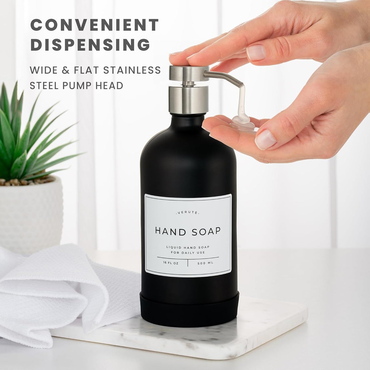 16oz Glass Soap Dispenser with Stainless Steel Pump, 21 Waterproof Labels, Non-Slip Protective Silicone Pad, Set of 2 for Bathroom & Kitchen (Matte Black Bottle/Brushed Silver Pump)