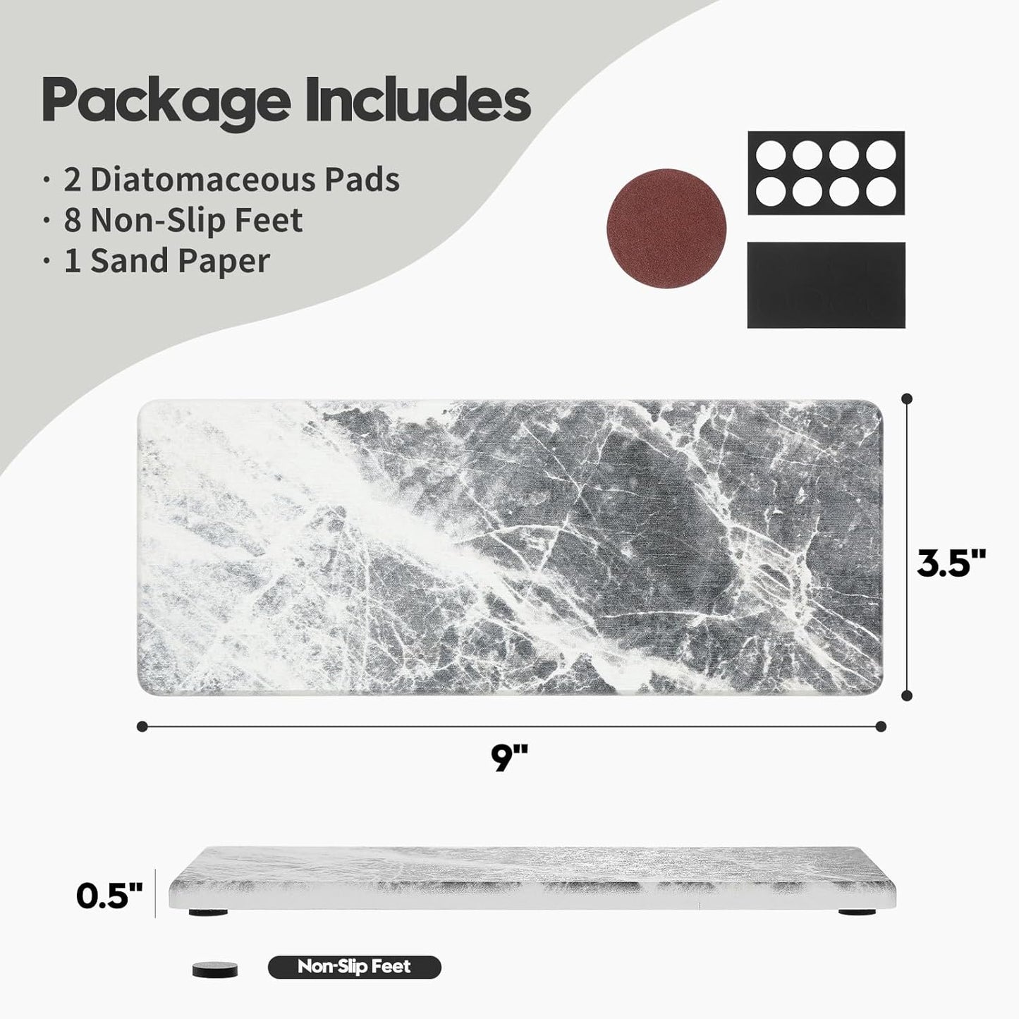 2PCS Bathroom Sink Vanity Trays, Water Absorbing Diatomite Stone Quick Drying Mat for Kitchen Counter, Dish Rack Dispenser Sponge Holder Caddy Organizer, Marble Crack, 9"x3.5"