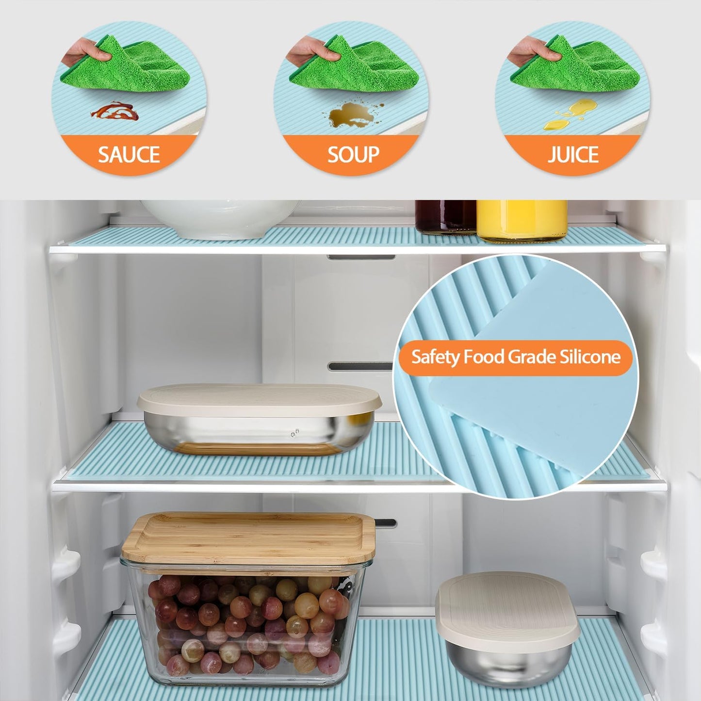 GOYLSER Food-Grade Silicone Refrigerator Liners for Shelves, 4Pack Easy Clean Fridge Liners Groove Design Spill Protection, 17.7"x11.8" Non Adhesive Refrigerator Shelf Mats Drawer Liners, Blue