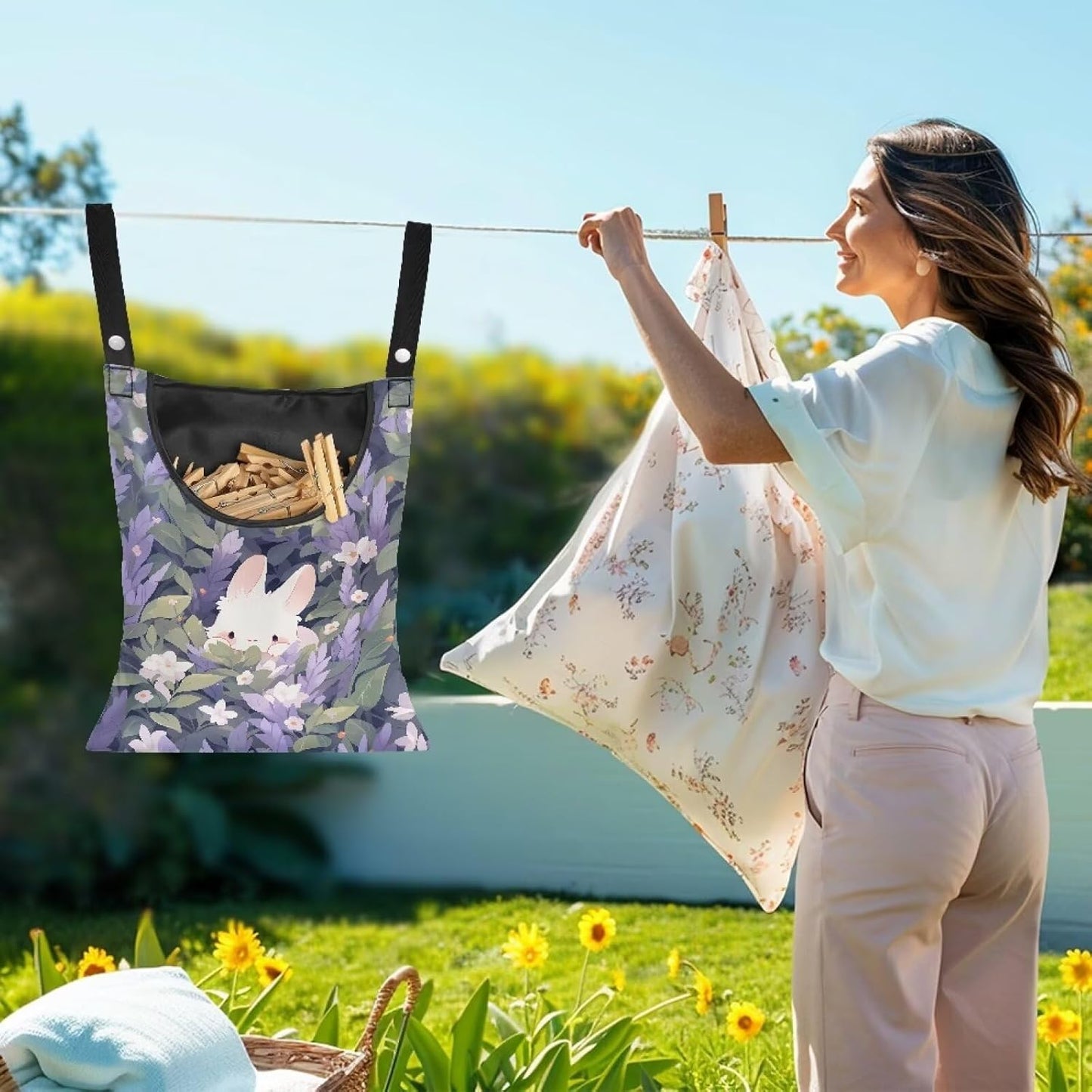 Clothespin Bag for Clothes Pin Holder for Outside and Clothes Line Pins, Clothes Pin Hanging Bag Fits Outdoor Laundry Clothesline - Rabbit and Floral