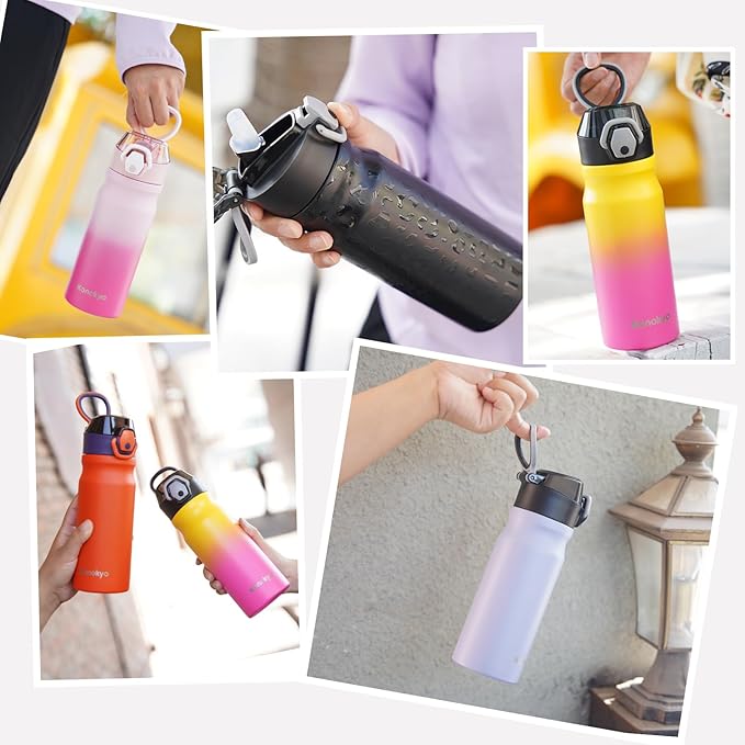 Insulated Water Bottle with Straw and Carry Loop,18 oz Stainless Steel Double Wall Vaccum Metal Water Flask with Leak-proof Lid,Lemon