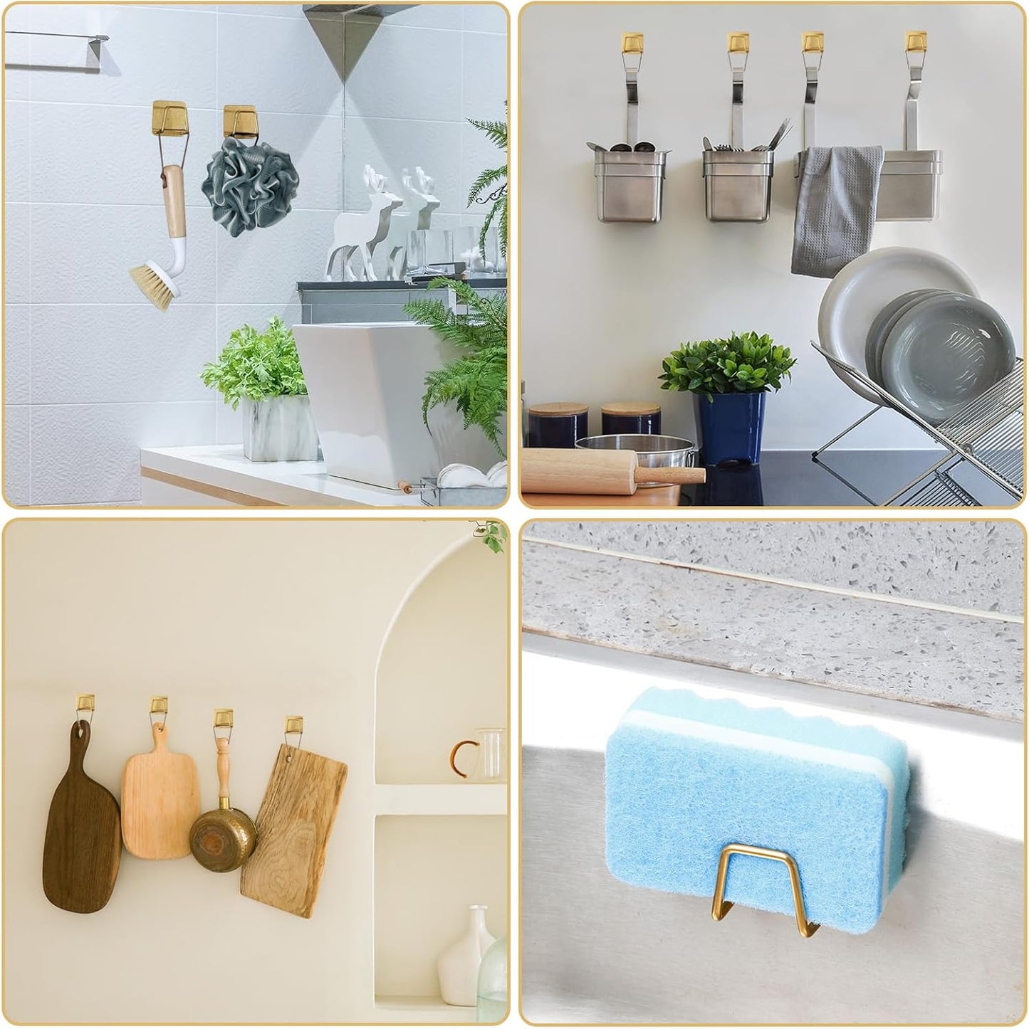 2Pcs Adhesive Sponge Holder for Kitchen Sink Essentials, Stainless Steel Dish Soap Holder, Rustproof and Waterproof, Quick Drying, Minimal Size Saves Space, Gold