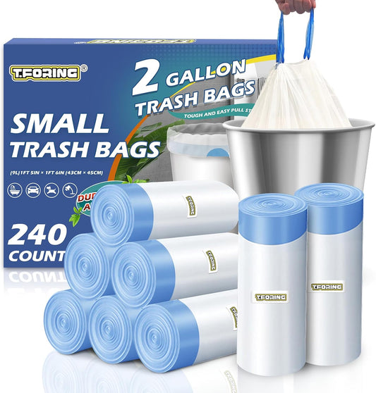240 Count 2 Gallon Trash Bags Drawstring - Thick Small Garbage Bags Unscented,0.96 Mil White Mini Trash Can Liners,Strong Waste Basket Bags 7.5 Liter for Home Bathroom Office Car
