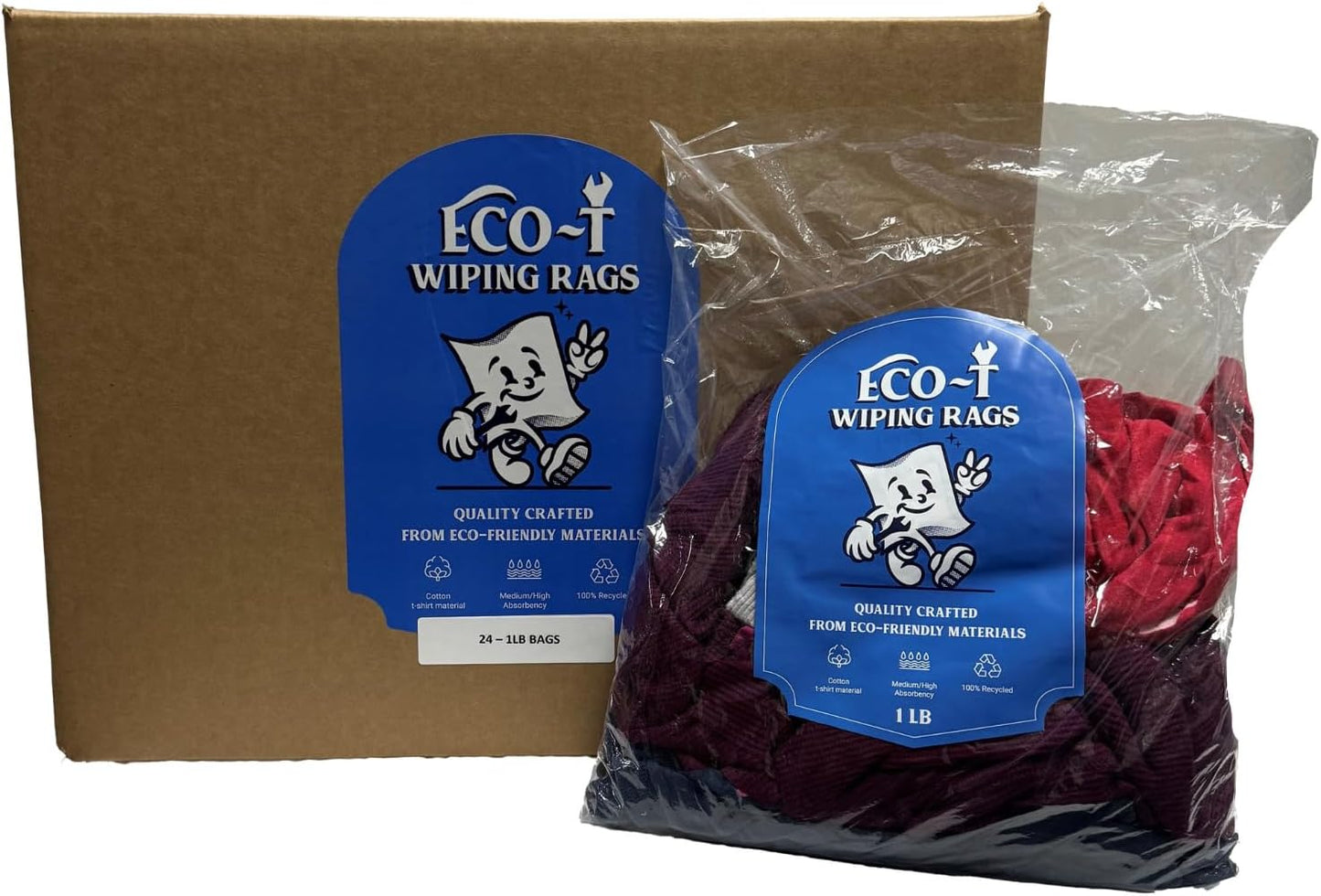 24 x 1 Lb Bags (24 Lbs) Eco-T Mechanic Shop Rags - Colored T-Shirt Material, 100% Recycled, Eco-Friendly, High Absorbency, Low Lint, Low-Cost, Industrial Use Wiping Cloth