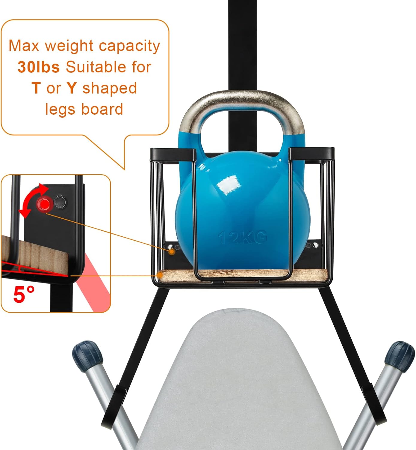 TJ.MOREE Wall Mount/Over The Door Ironing Board Holder with Large Storage Basket, Laundry Room Iron and Ironing Board Holder Storage Holder Black Middle