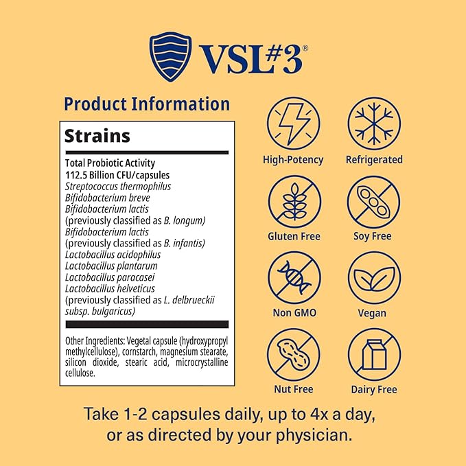 VSL #3® Probiotics for Digestive Health, IBS & UC Symptoms - 112.5B CFUs, High-Potency, Multi-Strain, Live, Refrigerated Probiotic, Medical Food for Gut Health Support in Men & Women, 180 Capsules