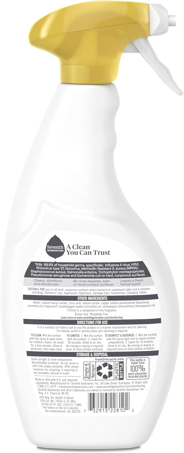 Seventh Generation Lemongrass Citrus Disinfecting Multi-Surface Cleaner - 26 Oz, Pack of 4