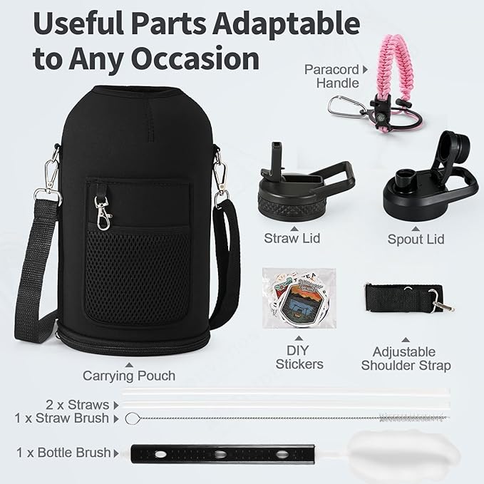 One Gallon Water Bottle Insulated, Triple Wall Vacuum Cold for 48 Hrs & Leak-proof & Non-BPA, 128oz Large Sports Stainless Steel Water Jug with Paracord Handle Straw Spout Lids & DIY Stickers