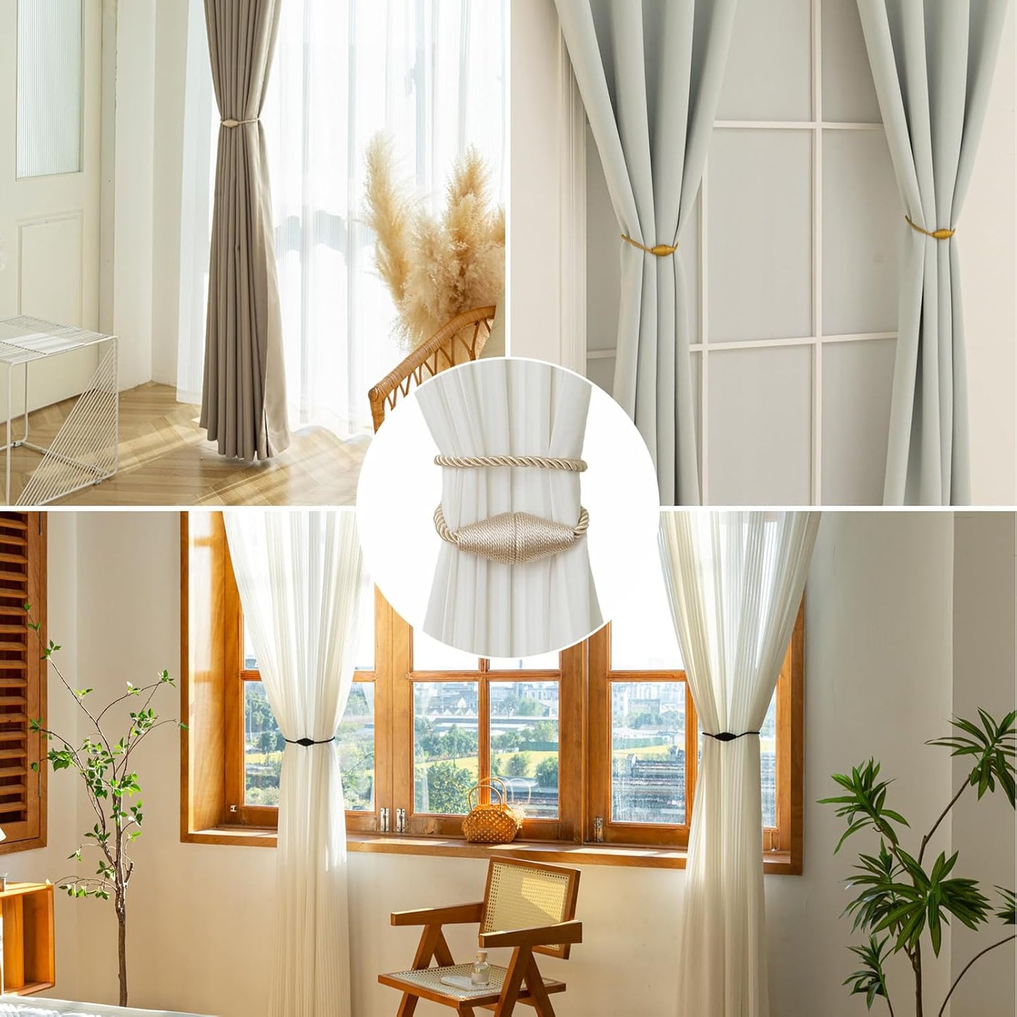 Magnetic Curtain Tiebacks 6 Pack Outdoor Rope Curtain Tie Backs Decorative Window Treatment Holdbacks for Home Decorative Curtain, Beige