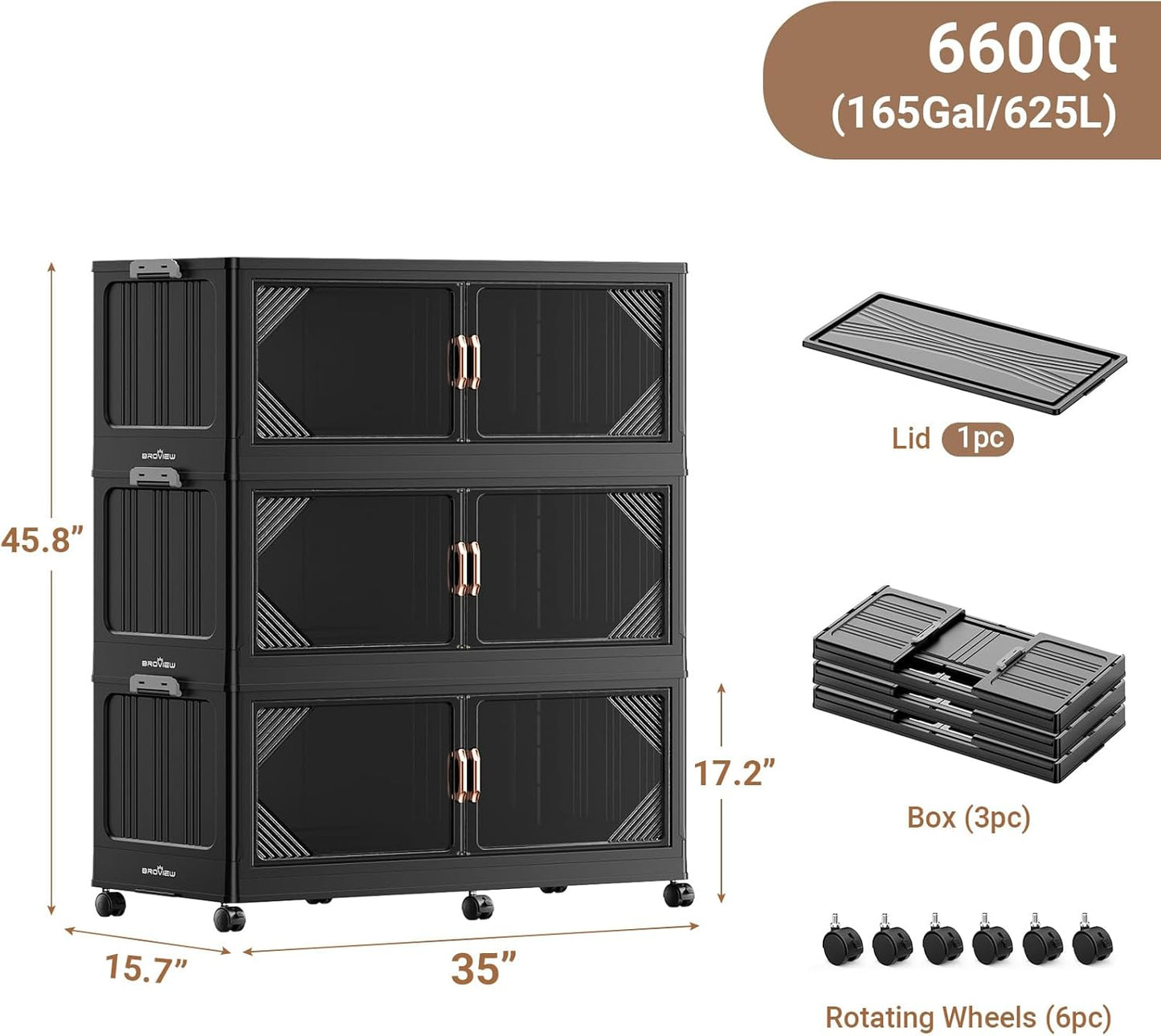 165Gal Plastic Stackable Storage Bins with Lid, 660QT Extra Large Closet Organizers Collapsible Cabinets Boxes With Drawers, Foldable Containers with 6x Wheels for Home Kitchen, V60 3Pack Black