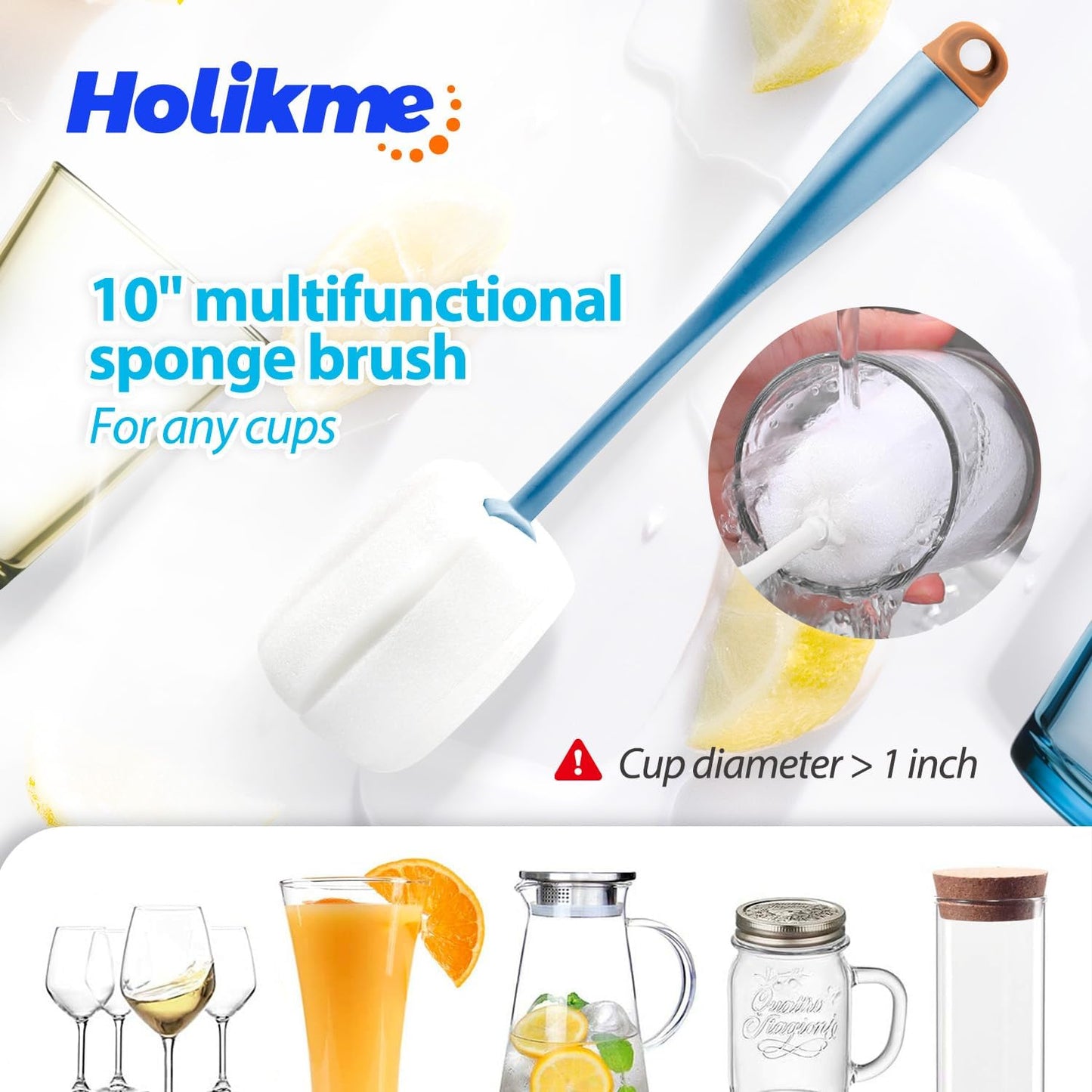 Holikme Bottle Brush Tube Cleaning Lab Set with Long Handle, Cup Cleaner for Washing Narrow Neck Beer Wine Decanter Pipes Lids Sinks Cap Covers, Azul