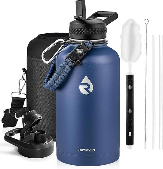 Insulated Water Bottle 64 oz, Triple Wall Vacuum Stainless Steel (Cold for 48 Hrs), Leak Proof & Non-BPA, Half Gallon Water Flask Jug with Paracord Handle & Straw Spout Lids, Navy Blue