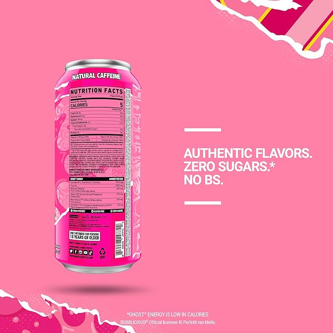 GHOST Energy Drink - 12-Pack, Bubblicious Strawberry Splash, 16oz Cans - Energy & Focus, No Artificial Colors - 200mg of Natural Caffeine, L-Carnitine & Taurine - Gluten-Free & Vegan