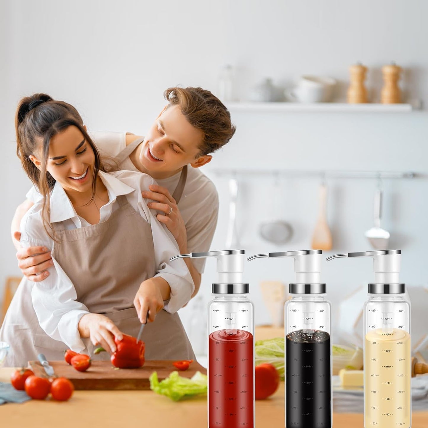 Sauce Pump Dispensers, Coffee Syrup Dispenser, 17oz Glass Bottle with Stainless Steel Pumps, Leak-Proof, Food Grade Pumps for Honey, Syrups, Oil, Condiments, Salad Dressings (4 x Units)