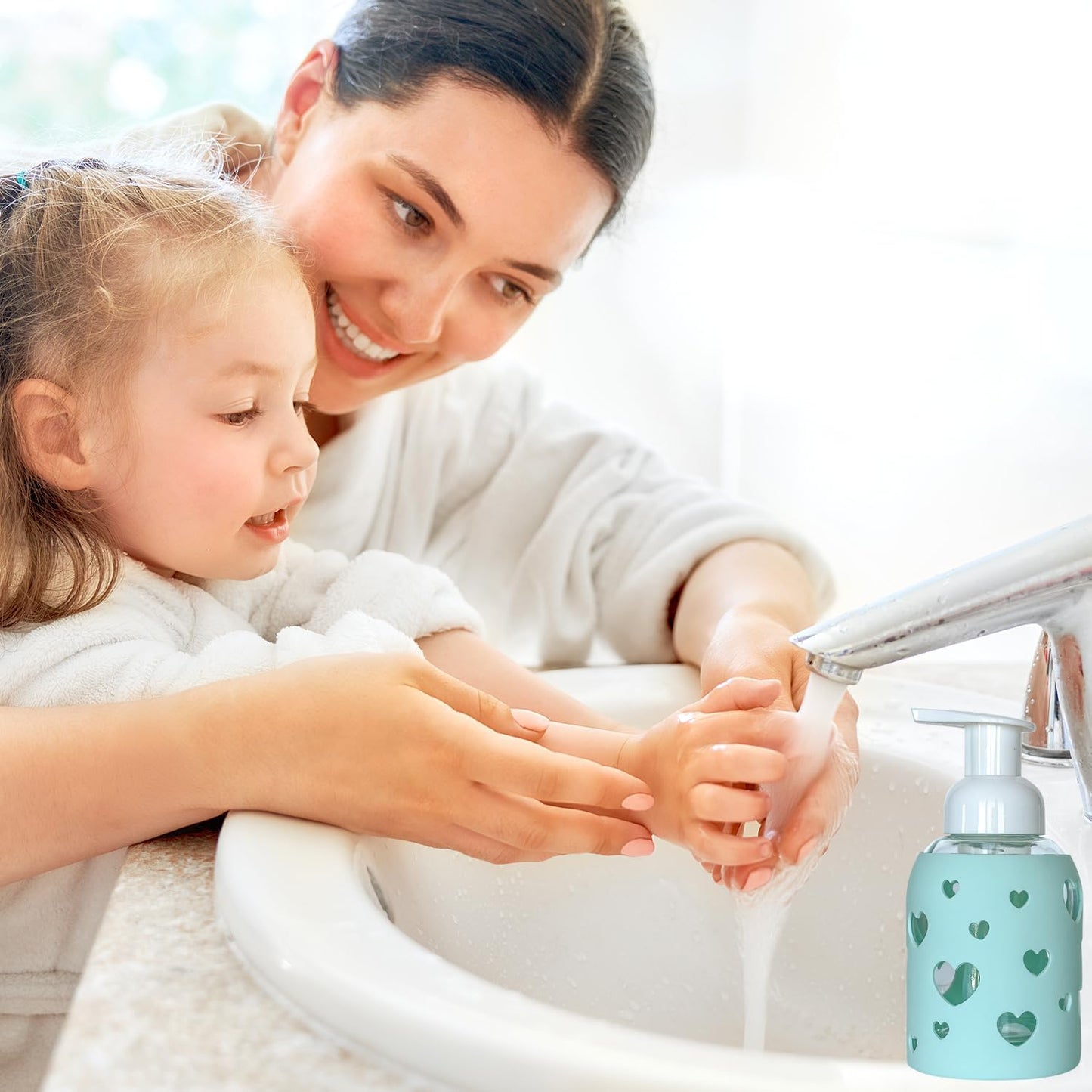 SoCal Suds & Company Glass Foaming Hand Soap Dispenser, Heart Silicone Sleeve, Refillable Pump Bottle for Kids, Baby Wash & Shampoo, Ideal for Home Use, Sea Glass 8oz