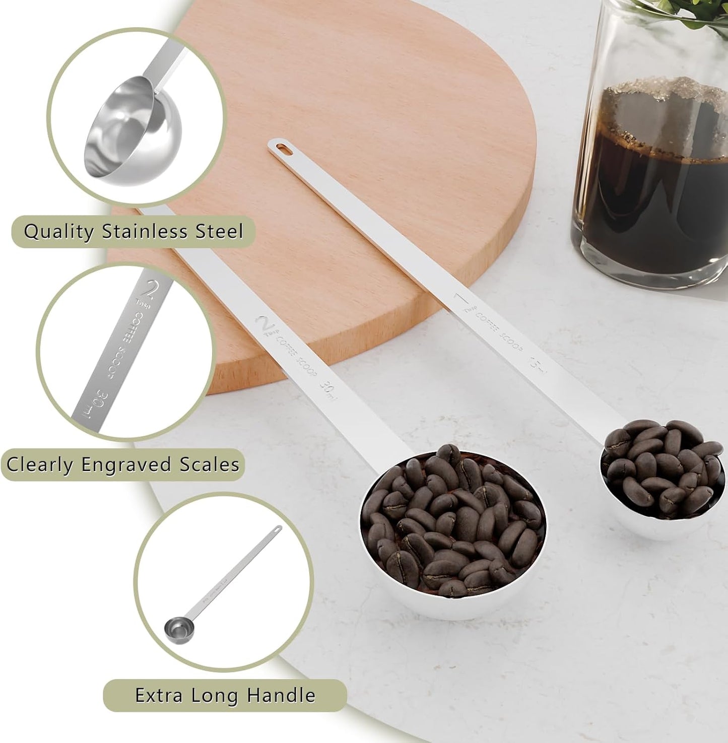 1PCS 2 Tablespoon Coffee Scoop, 9.5" Long Handle Measuring Spoon, Two tbsp (30 ml) Stainless Steel Scooper