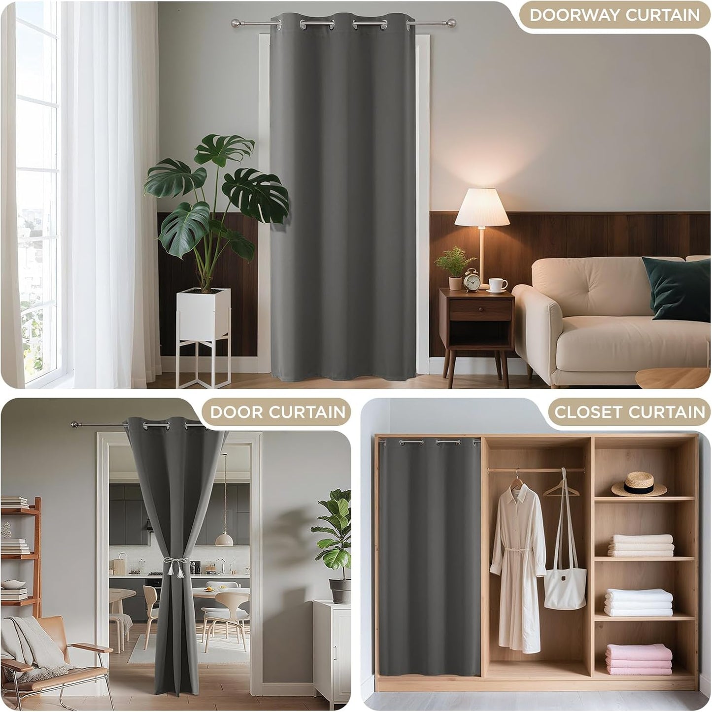 Joydeco Blackout Door Curtain for Doorway Privacy 96 Inches Long, Grommet Closet Curtain for Open Closet, Room Divider for Bedroom Living Room (Light Grey, 52Wx96L, 1 Panel)