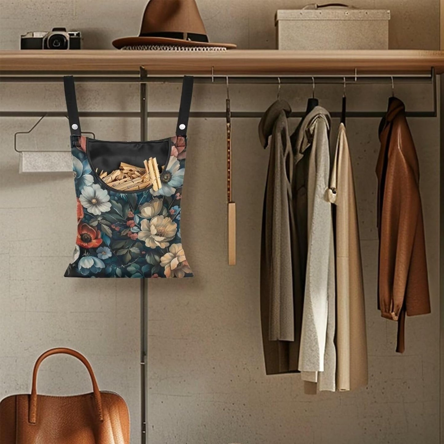 Art Flowers Clothes Pin Bag Holder - 14.5 x 12 Inch Lightweight Clothespin Bag for Easy Hang