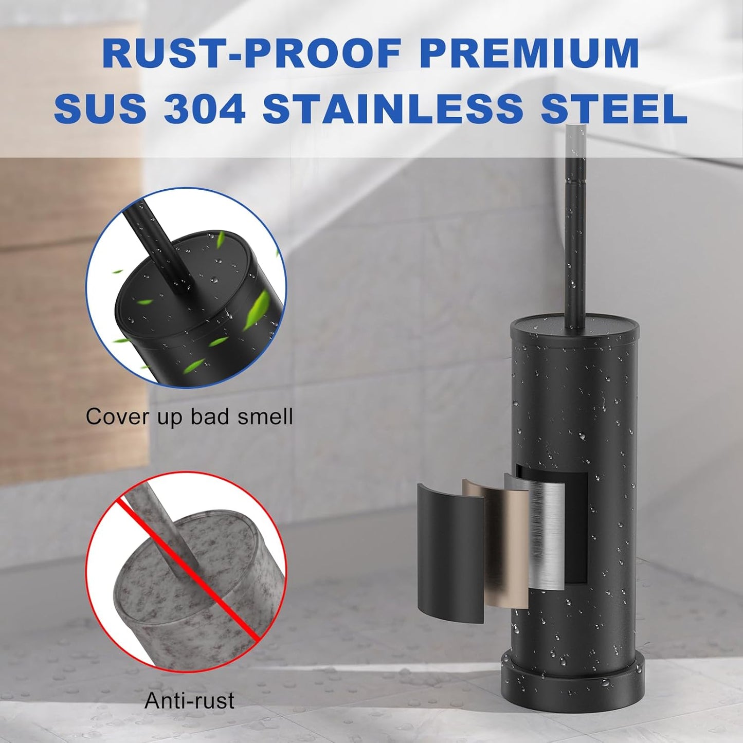 Black Toilet Brush and Holder Set, 304 Stainless Steel Heavy Duty Toilet Bowl Brush and Holder with Long Handle, Removable Inner Bowl and Splash Protection Modern Toilet Cleaner Brush for Bathroom