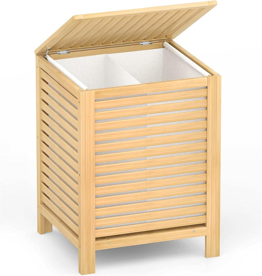 Homykic Bamboo Laundry Hamper with Lid, 120L Large Clothes Laundry Sorter with Removable 2-Section Liner Bag, Raised Laundry Basket Organizer for Clothing, Bathroom, Bedroom, Laundry Room, Natural