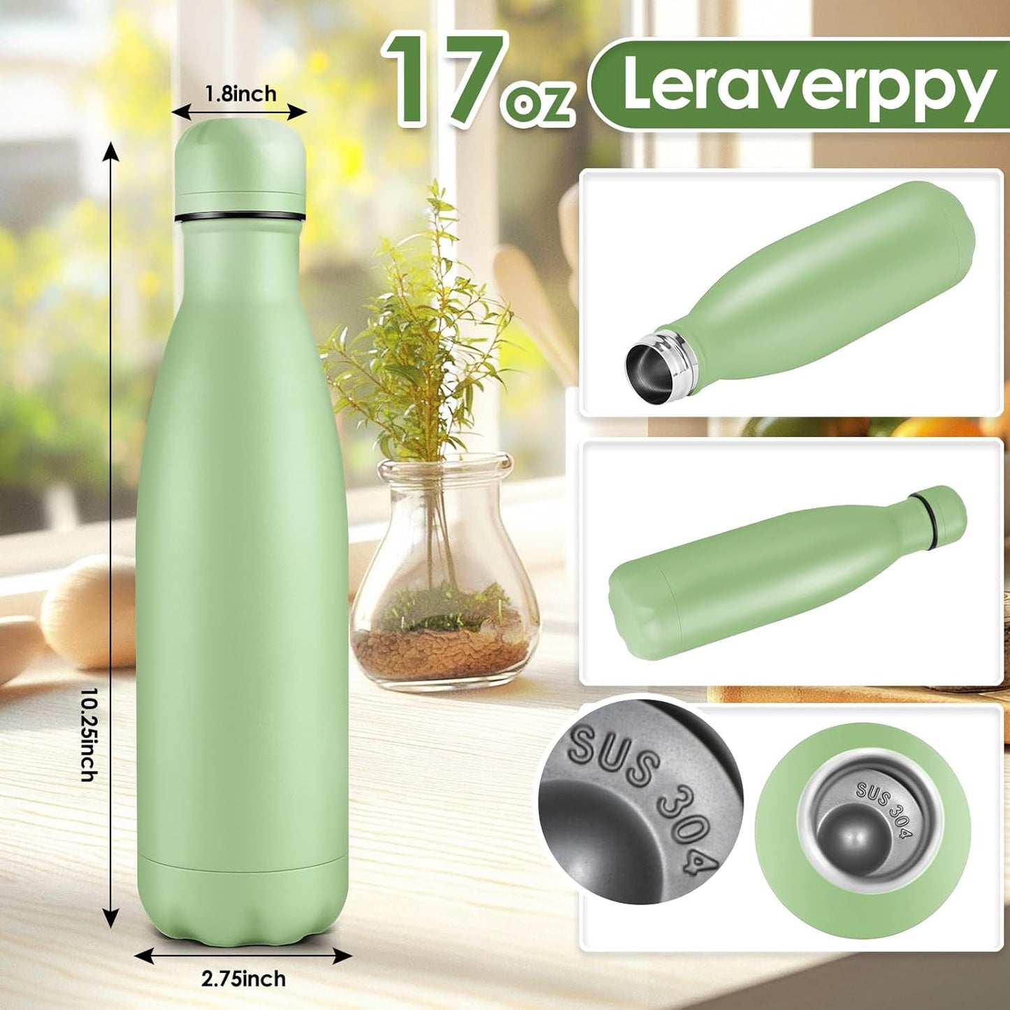 17oz Cola-Bottle Shaped Stainless Steel Leak-proof Water Bottle,Double Wall Vacuum Insulated Metal,Travel Mug For Sports Indoors & Outdoors,BPA-Free School Kids Flasks,Green(1Pack)