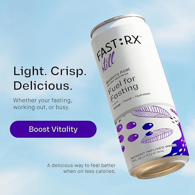 FASTRX Blueberry Acai Still Fasting Electrolyte Drink – Hunger Suppressant, Includes Essential Electrolytes and Vitamins, De-Sugared Blueberry Juice – Zero Sugar, 16 Fl Oz, Pack of 12