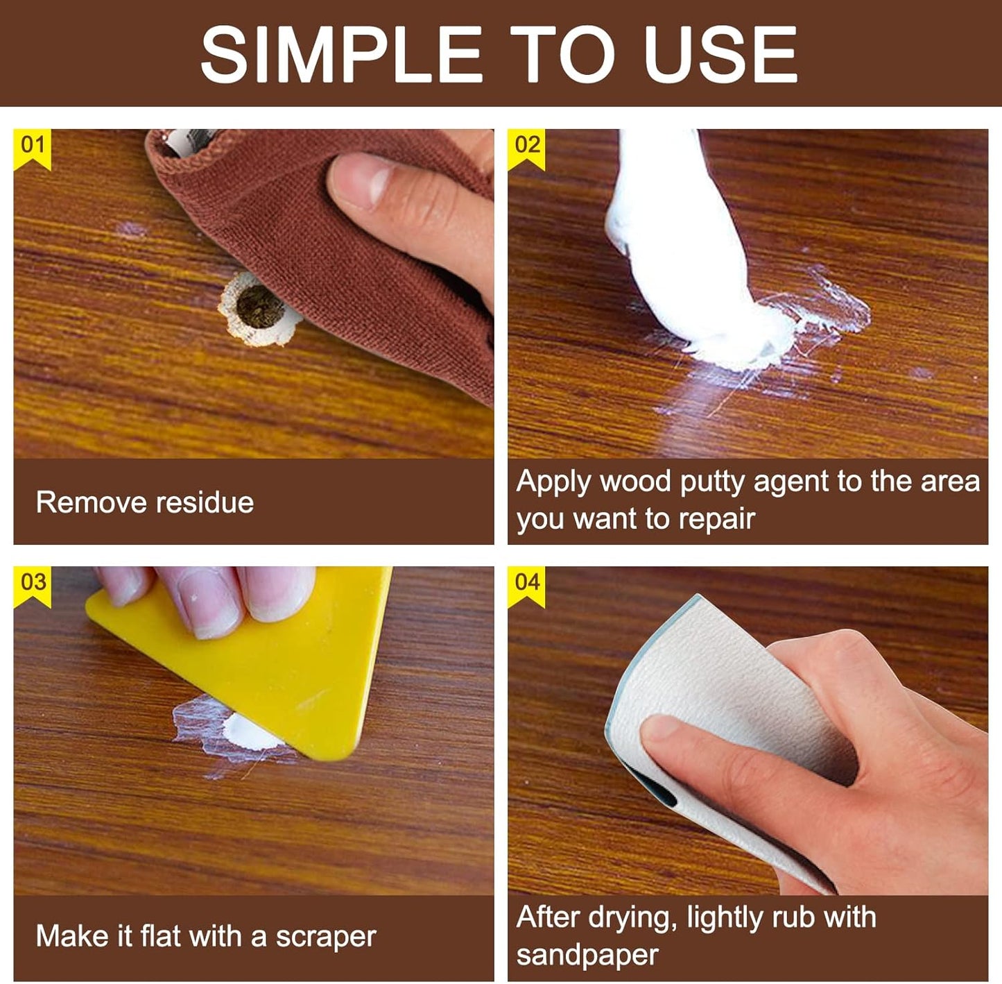 SEISSO Wood Putty, Water-Based Woods Filler, White Wooden Putty for Trim, Woods Filler Paintable, Stainable, Wooden Furniture Repair kit - Restore Wooden Table, Cabinet, Floors, Door