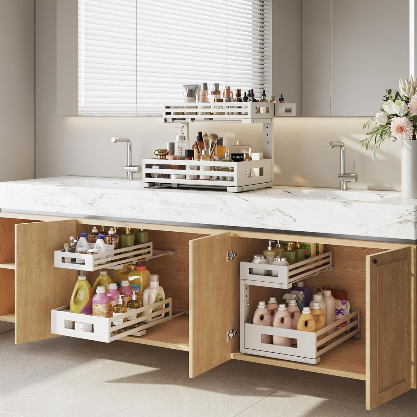 2-Pack Under Sink Organizers and Storage,2-Tier L Shape Pull Out Cabinet Organizer With Round Tube Slide Rails,Hight Adjustable Slide Out Drawers for Kitchen&Bathroom,Multi-Purpose Storage Shelf-White