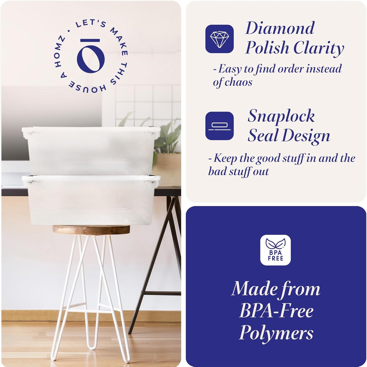 HOMZ 2-Pack Secure Latch, Clear Plastic Storage Organizer Bins, 64 Quart, Gray Latches - Stackable Container Boxes for Bedroom, Bathroom, Garage, and Office Organization