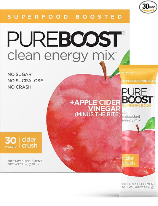 Pureboost Superfoods Clean Energy Booster with Apple Cider Vinegar. Refreshing Energy Drink Mix with 1,000 mg of ACV with The Mother. Sugar-Free, No Sucralose (Cider Crush, 30 Count)