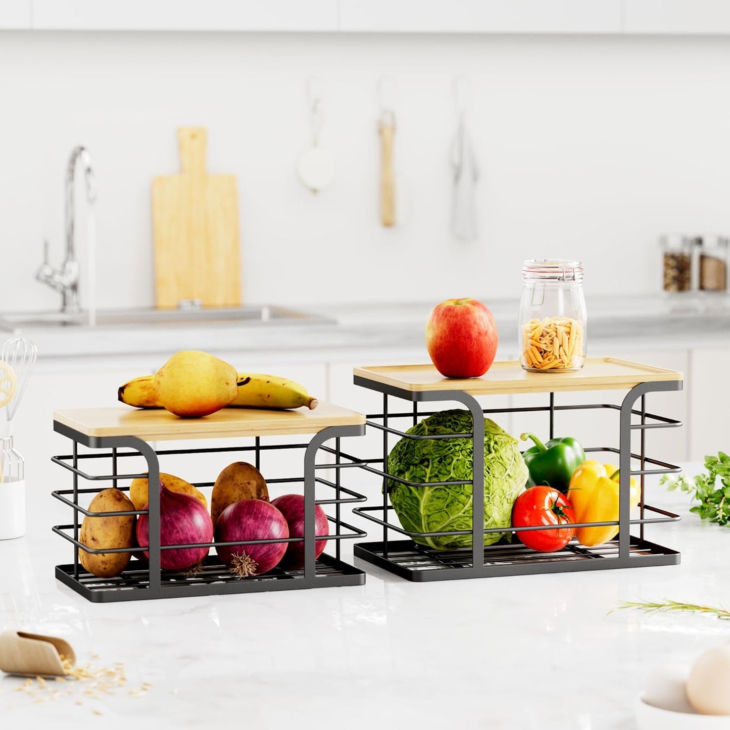 2 Pack Stackable Storage for Kitchen Laundry Pantry Organizers,Trash Bag Holder with Bamboo Top,Wall Mount Garbage Bag Dispenser,Black Large and Small