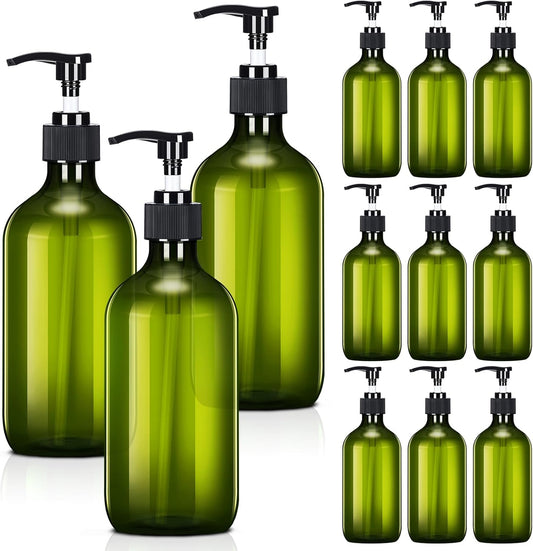 Tessco for you 12 Pack Green Soap Dispenser Empty Plastic Pump Bottles Dispenser Refillable Shampoo Container for Hand Sanitizer Soap Lotion Body Wash Conditioner Bathroom Kitchen Travel(16.9 oz)