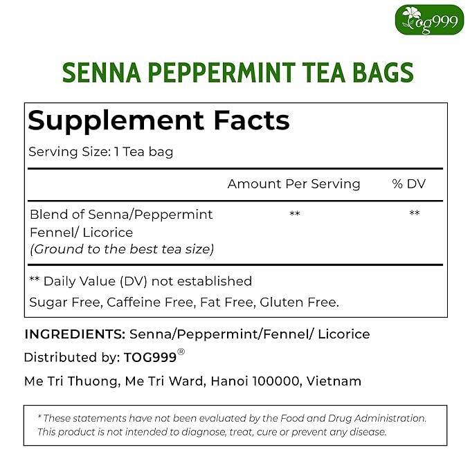 TOG999 60 Tea Bags Relieves Constipation Natural Tea, Blend of Senna Leaves - Peppermint - Licorice - Fennel, 100% Natural Ingrendients, Hand-made Herbal Tea, No Sugar, No Caffeine, No Gluten, Vegan.