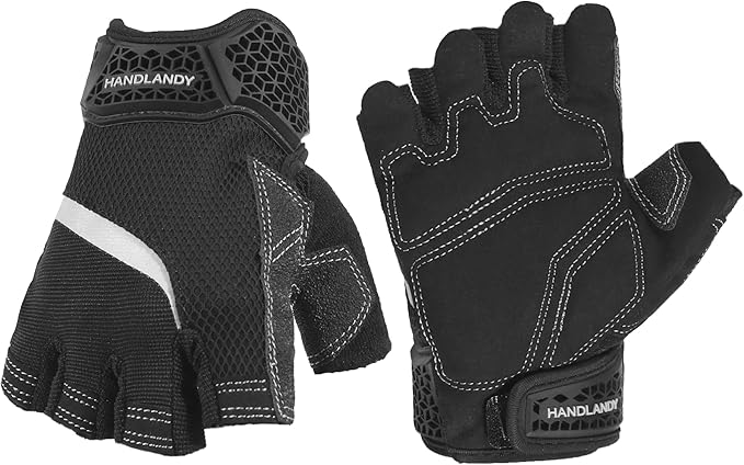 HANDLANDY Fingerless Work Gloves for Men, Half Finger Working Glove Grip Shock-Absorbing Breathable Uwrist TPR Anti-collision Gloves for Mens & Women (Black, M)
