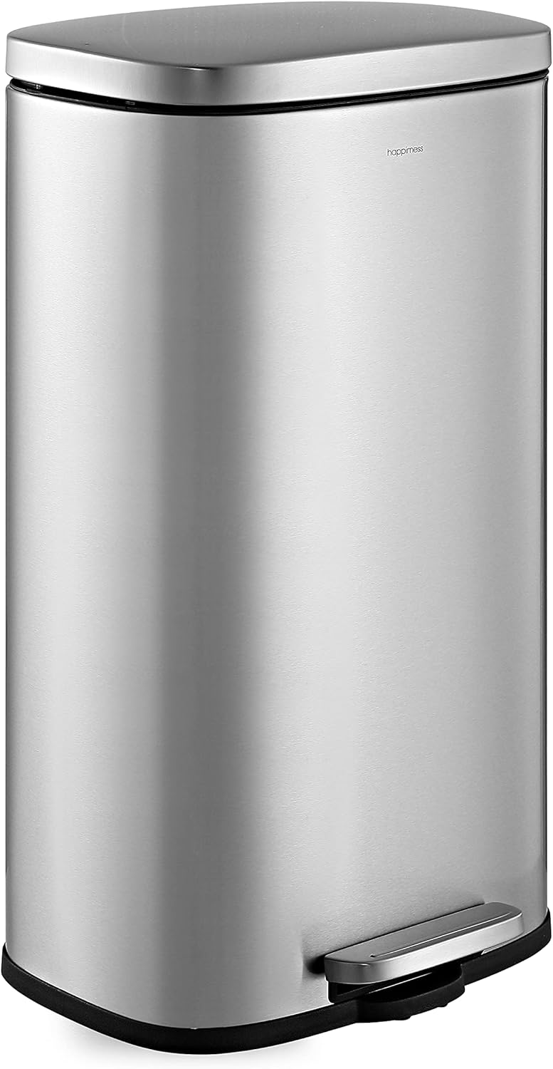 happimess HPM1011A Curtis 8-Gallon Step-Open Trash Can with Soft-Close Lid, Modern, Minimalistic, Fingerprint Proof for Home, Kitchen, Laundry Room, Office, Bedroom, Bathroom, Chrome