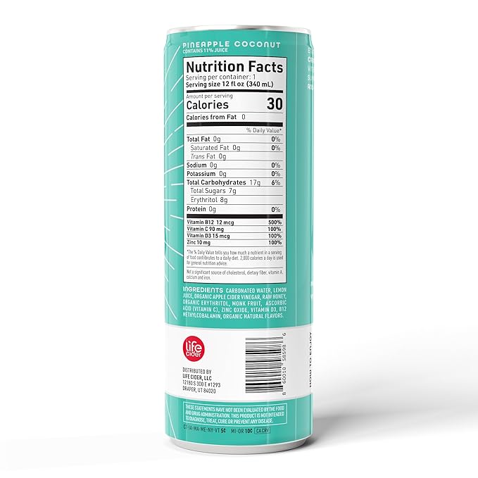 | 12 Pack (12 Fl Oz) | Pineapple Coconut | Sparkling Apple Cider Vinegar Beverage | Aids Digestion & Immune System | Vitamin C, D3, Zinc, B12