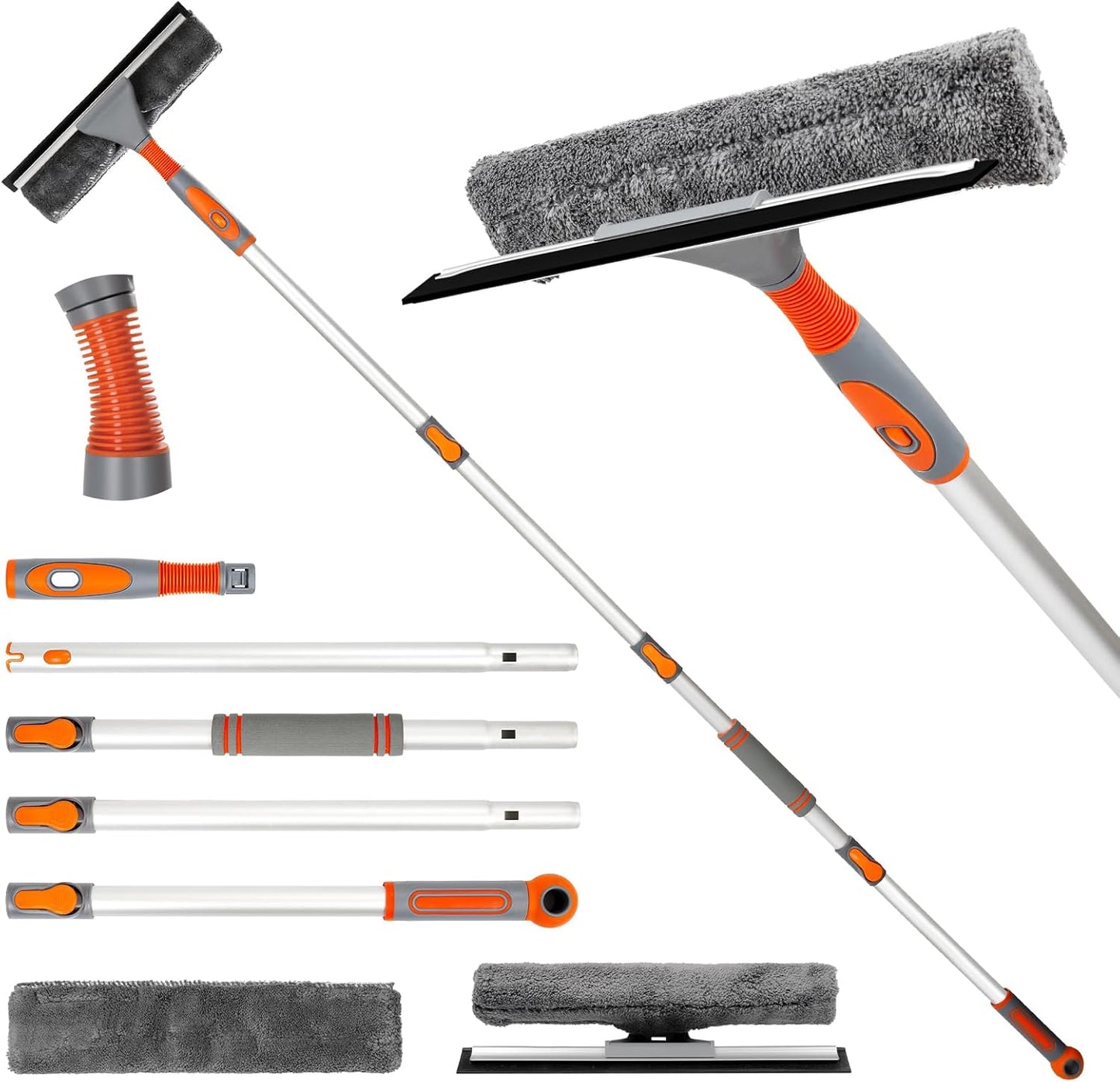 LOMIDA 2-in-1 Window Squeegee Cleaner with 62" Aluminum Extension Pole, Bendable Head for Extra Force, Heavy Duty Rotatable Window Cleaning Kit for Car/Glass/Shower (2 Fiber Pads)