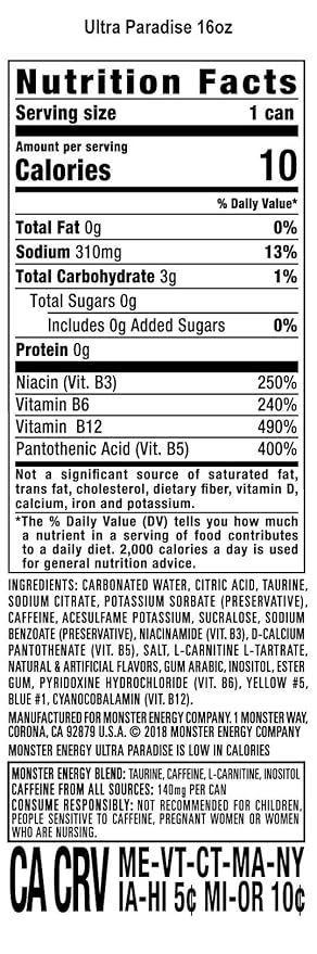 Monster Energy Ultra Paradise, Sugar Free Energy Drink, 16 Ounce (Pack of 12)