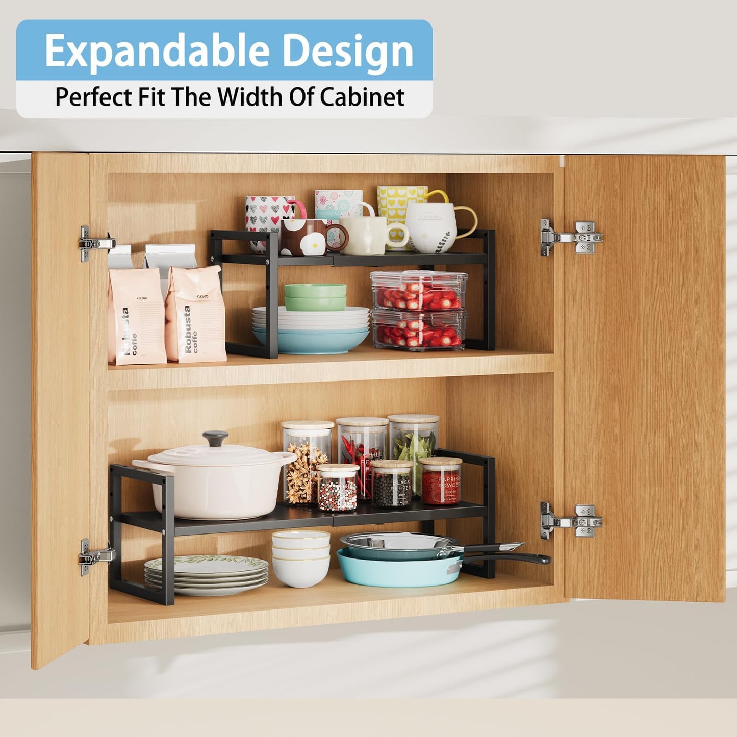 2 Pack Expandable Kitchen Cabinet Shelves Organizer,Heavy Duty Metal Shelving Units and Storage,Stackable Adjustable Kitchen Storage Organization Shelves Rack for Counter Cupboard Pantry,Length:20.5"